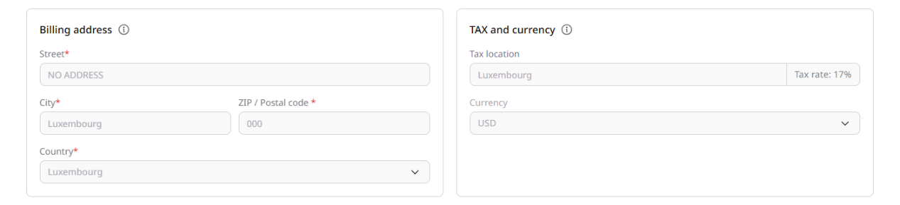 Billing address and Tax and currency sections