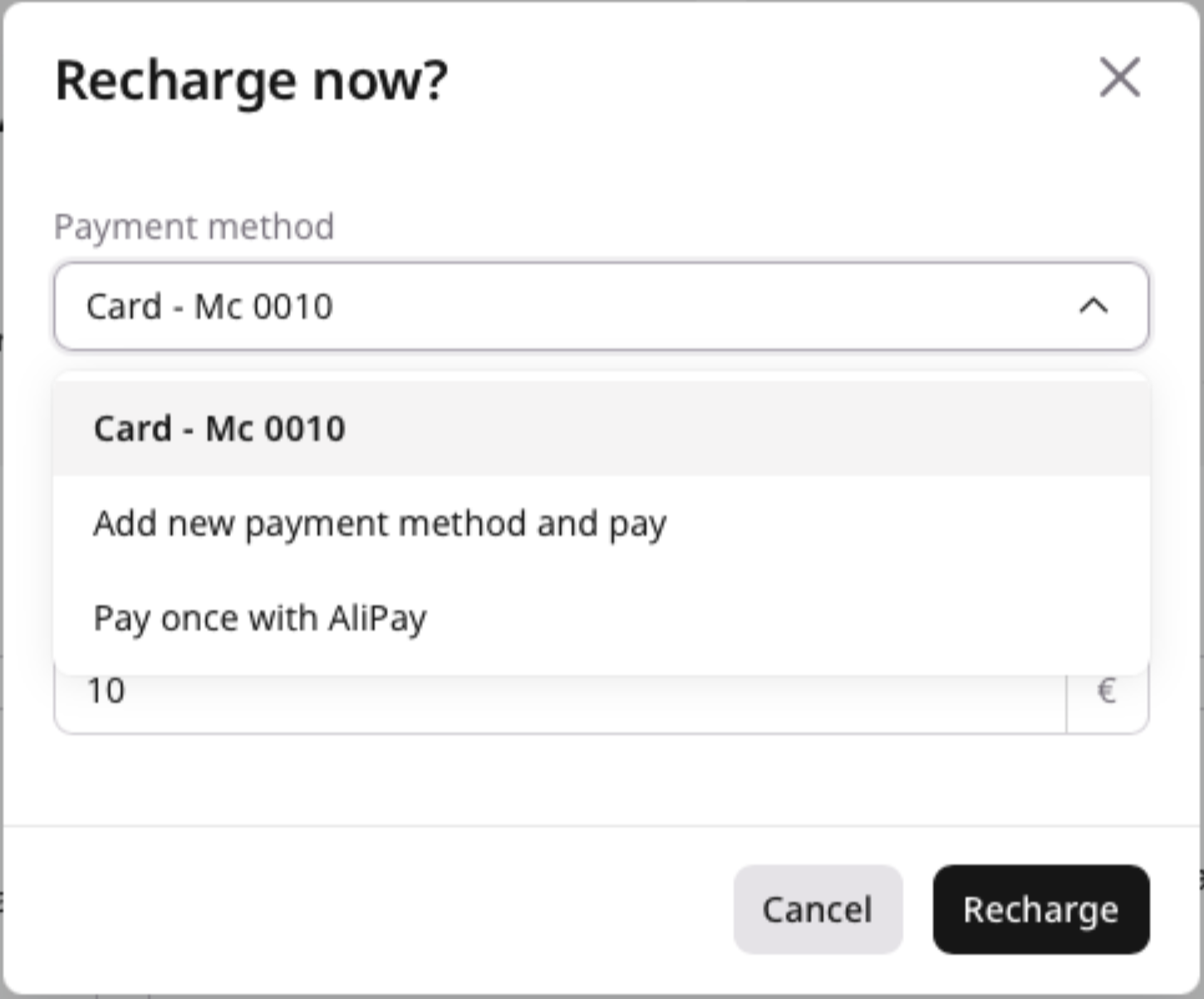 Recharge now window payment method