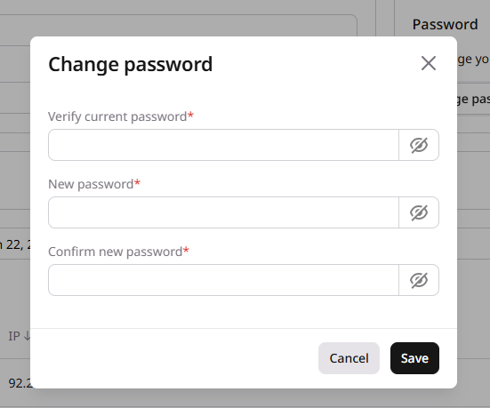 Change password dialog with fields for current password, new password, and confirmation