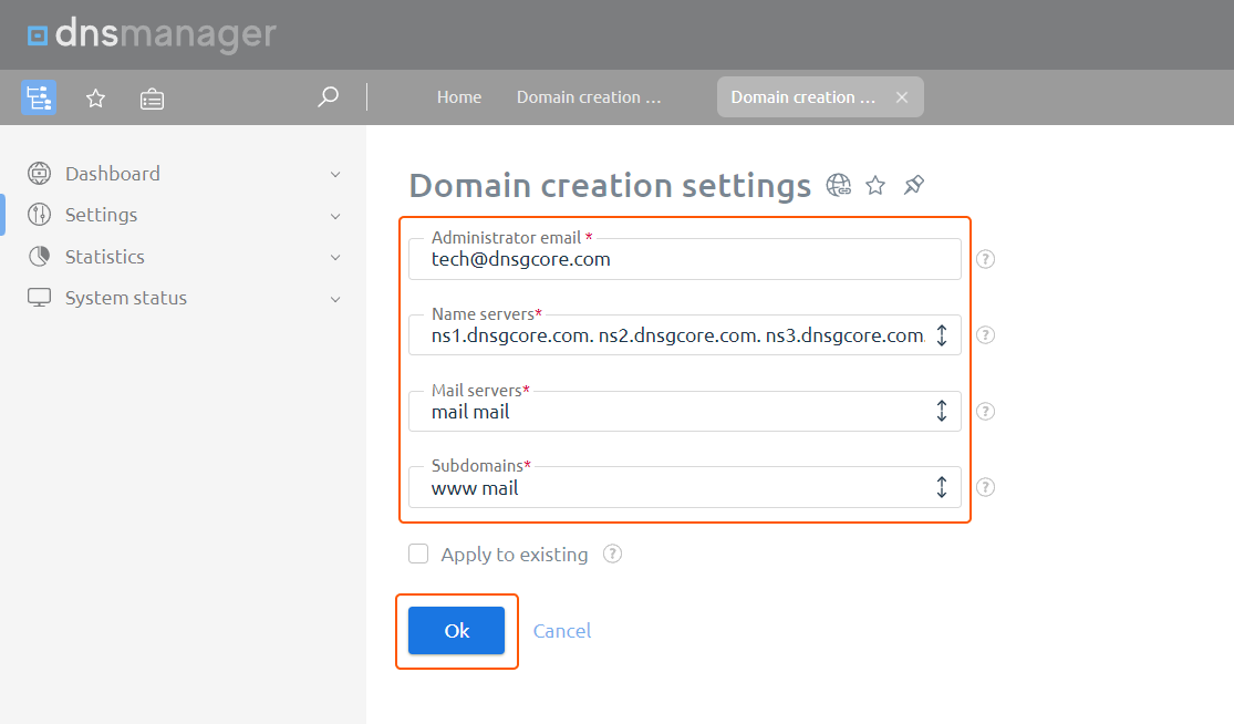 Provide the following settings
