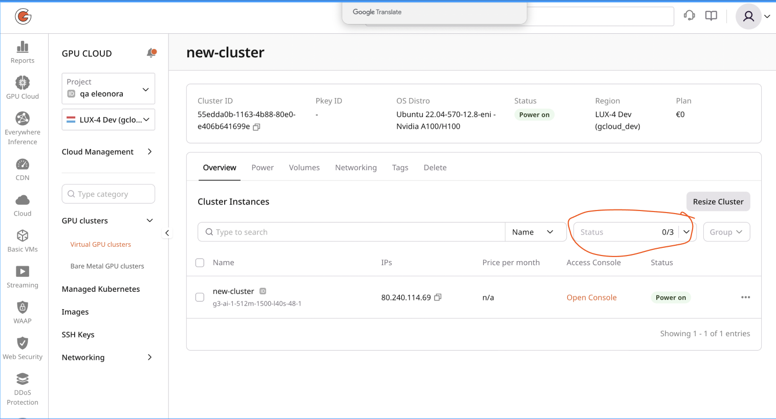 Cluster details page showing Overview, Power, Volumes, Networking, Tags, and Delete tabs