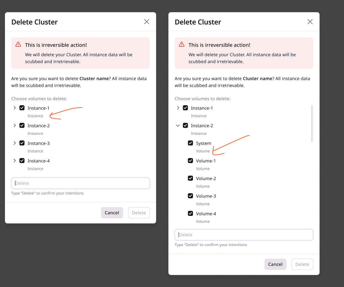 Delete Cluster dialog with options to select which volumes to delete