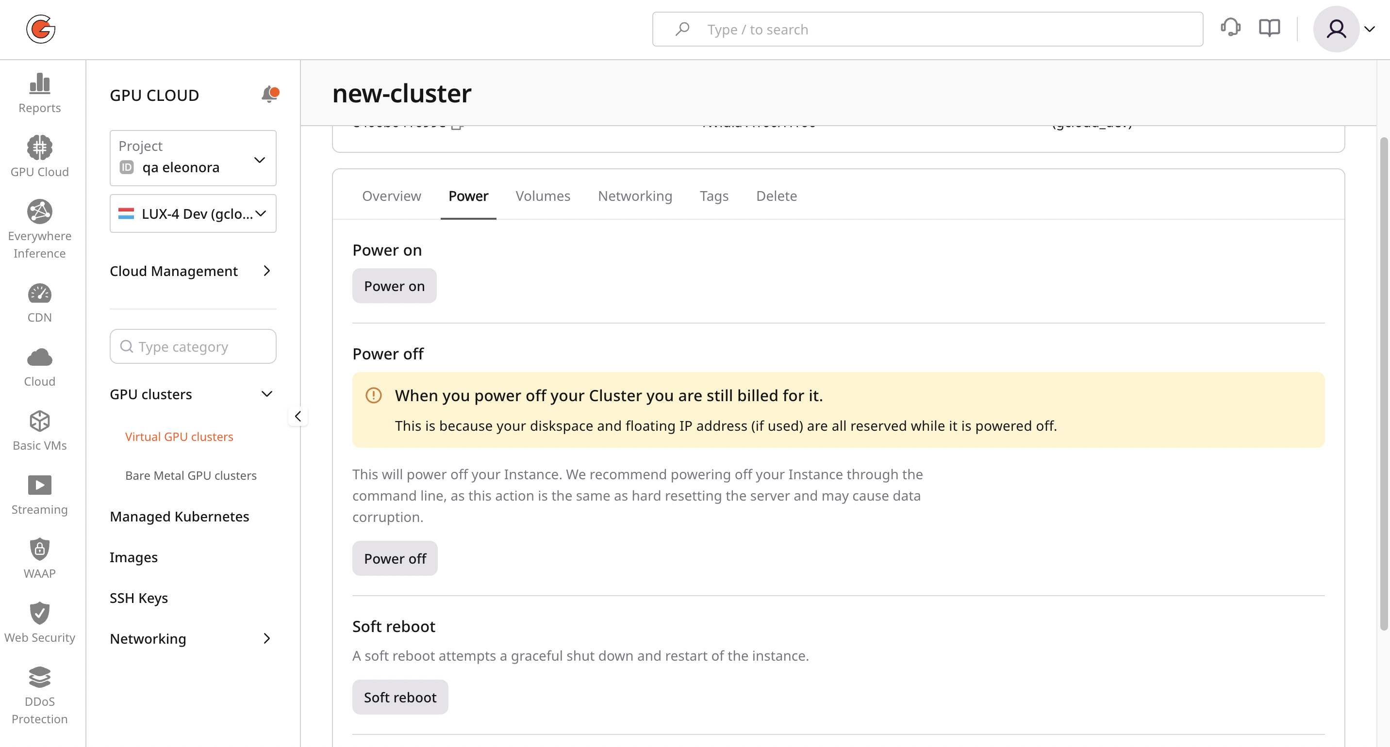 Power tab showing Power on, Power off, and Soft reboot options