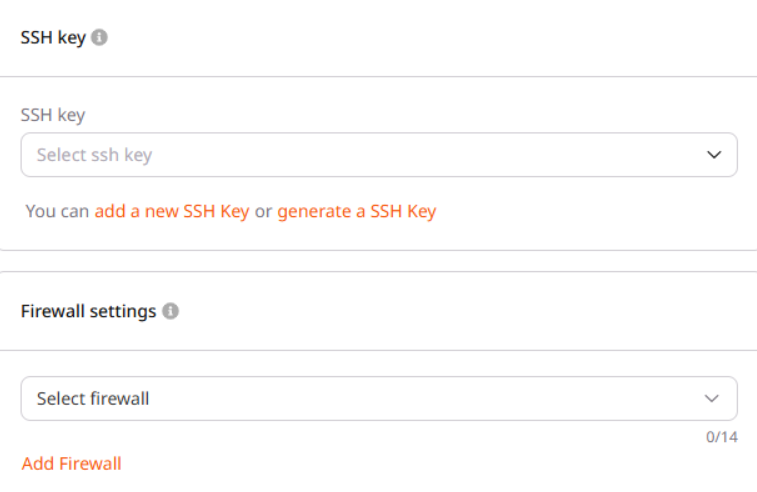 SSH key selector and Firewall settings section