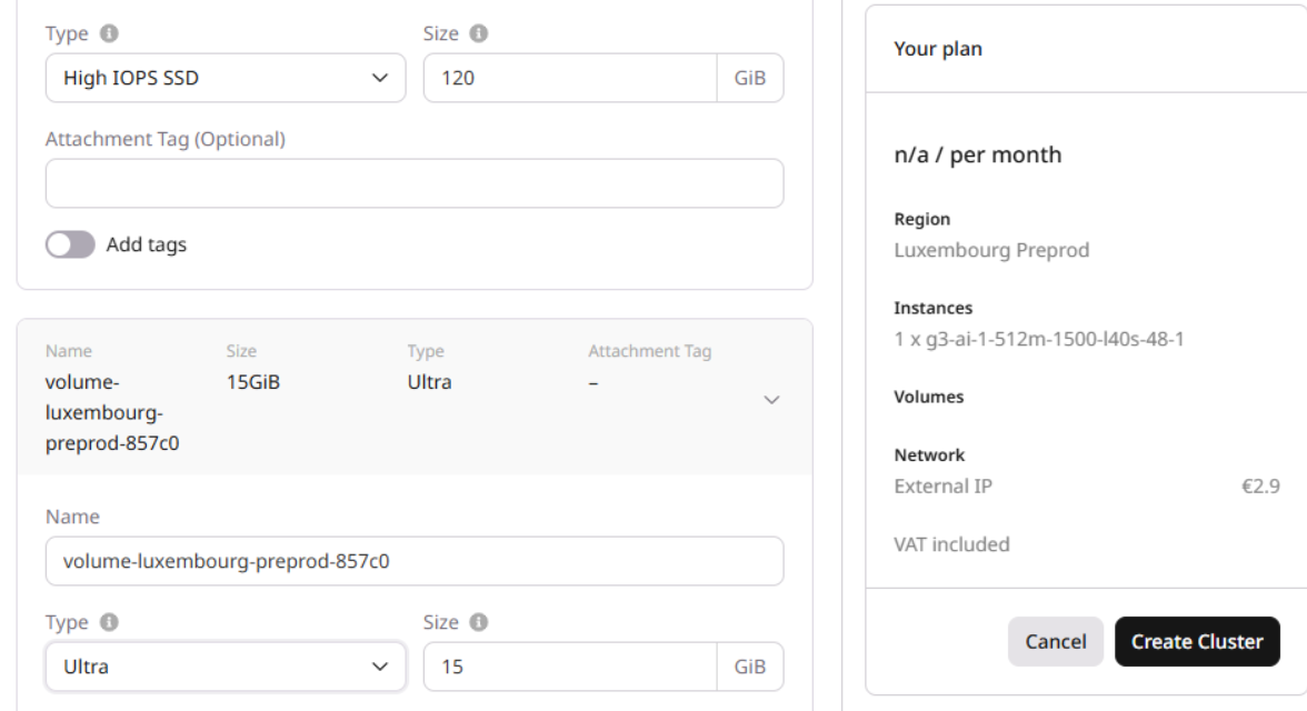 Volumes configuration section with disk type, size, and Your plan summary
