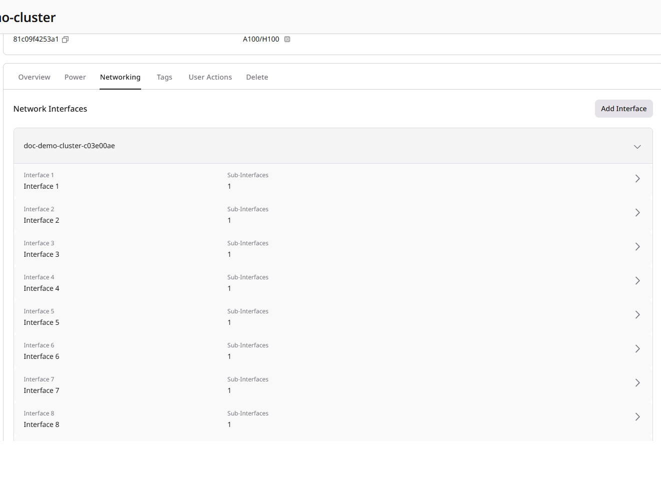 Networking tab showing node and interface list