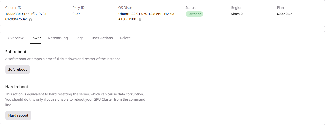 Power tab with soft and hard reboot options