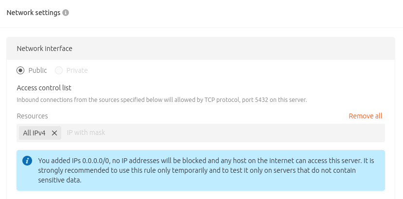 manage postgresql manage network interface