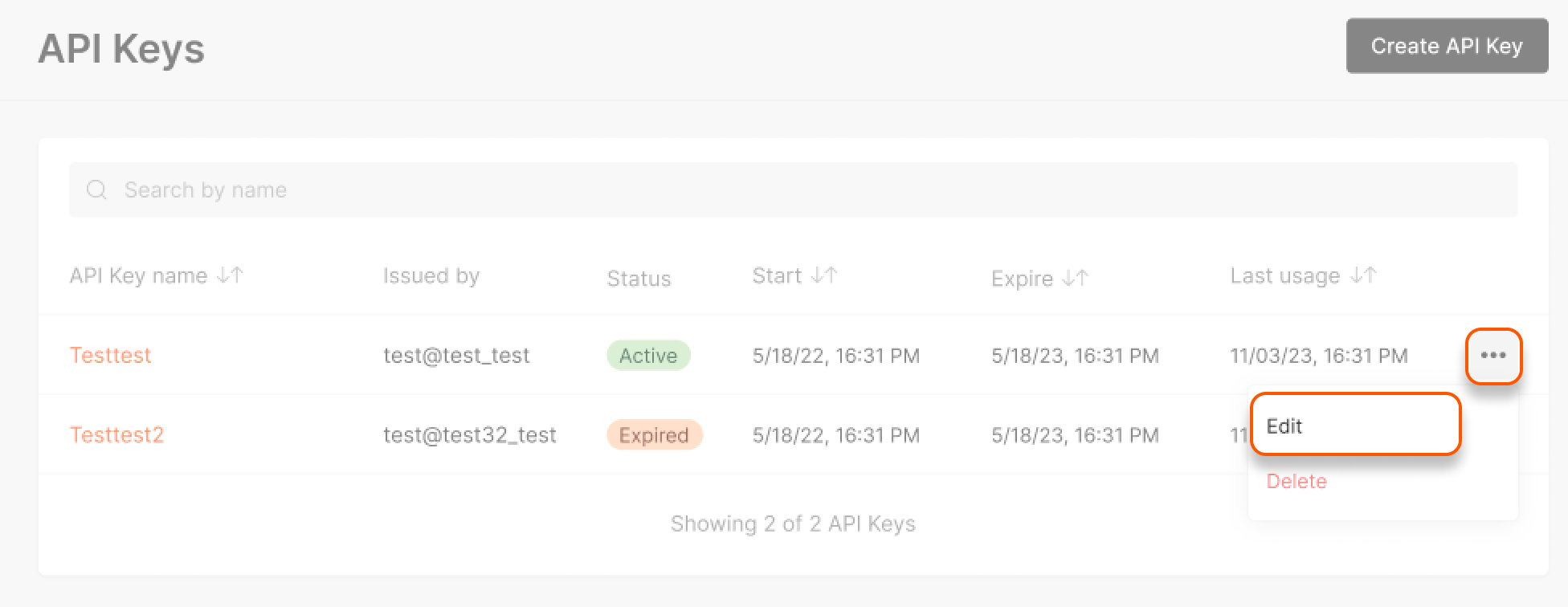 Edit API key settings