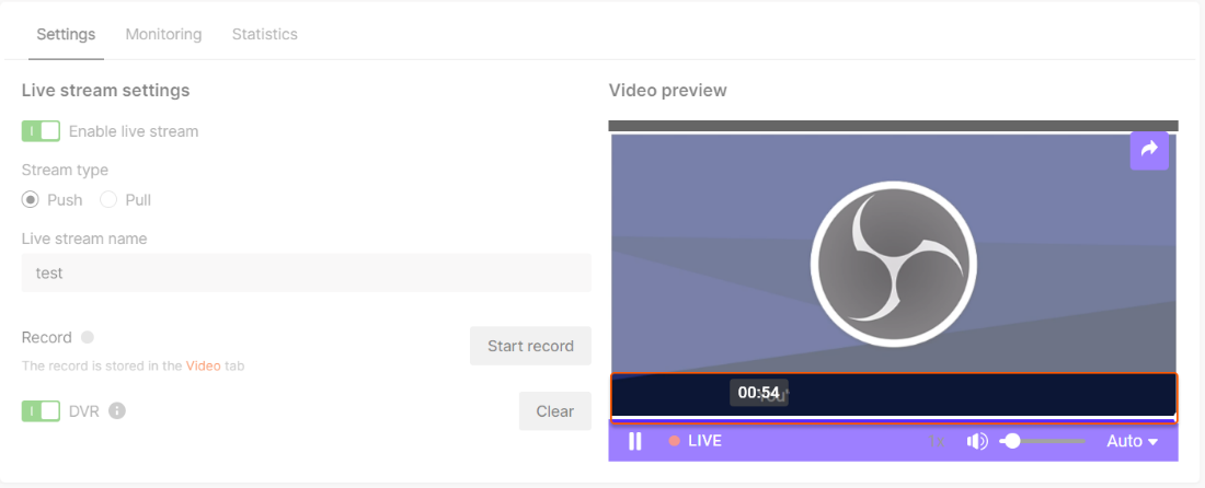 Live stream settings page
