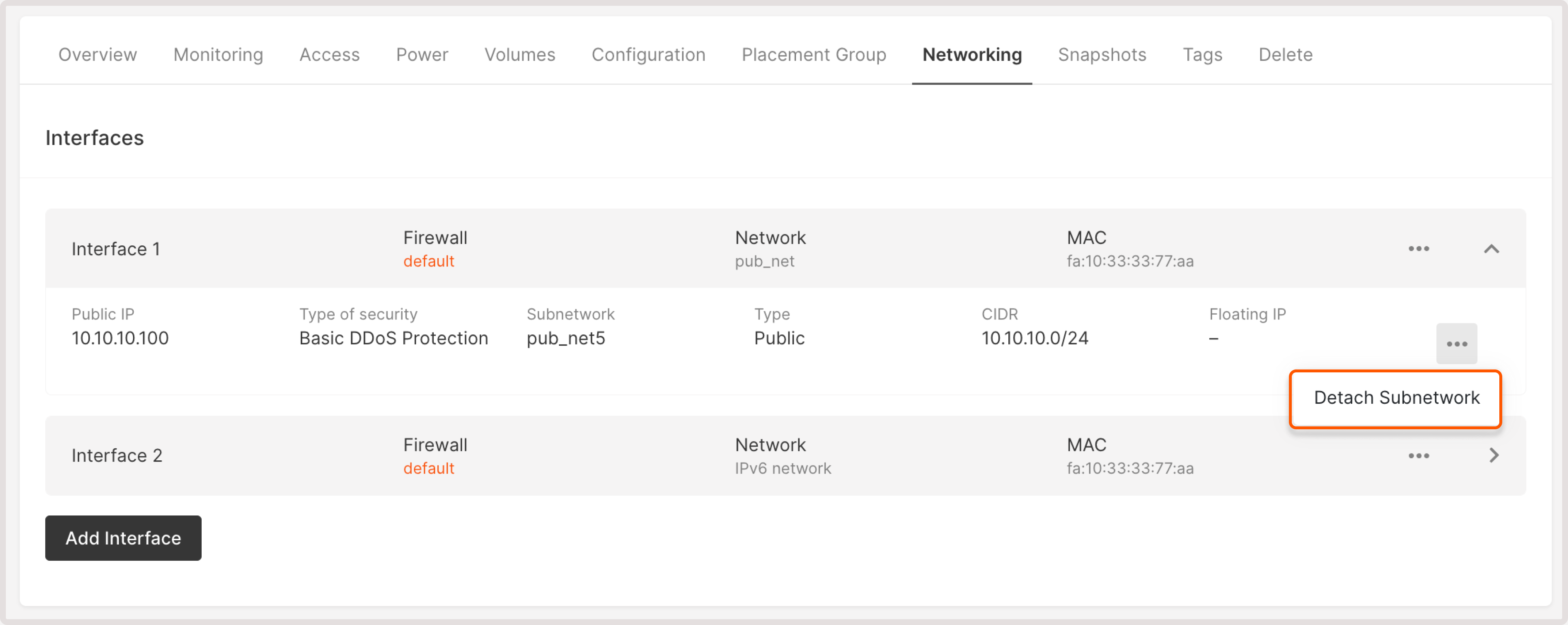 Network settings with the detach subnetwork option