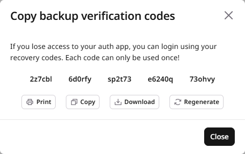 Backup verification codes dialog