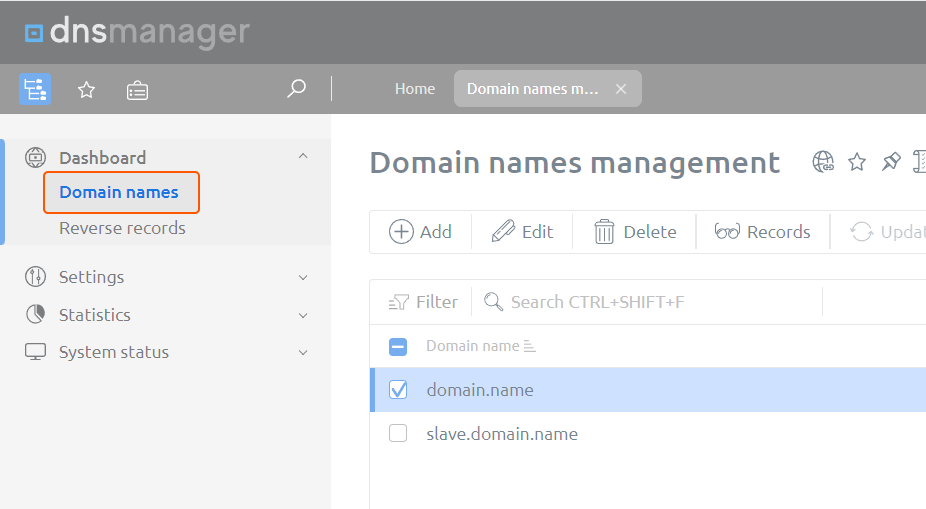 Domain names tab