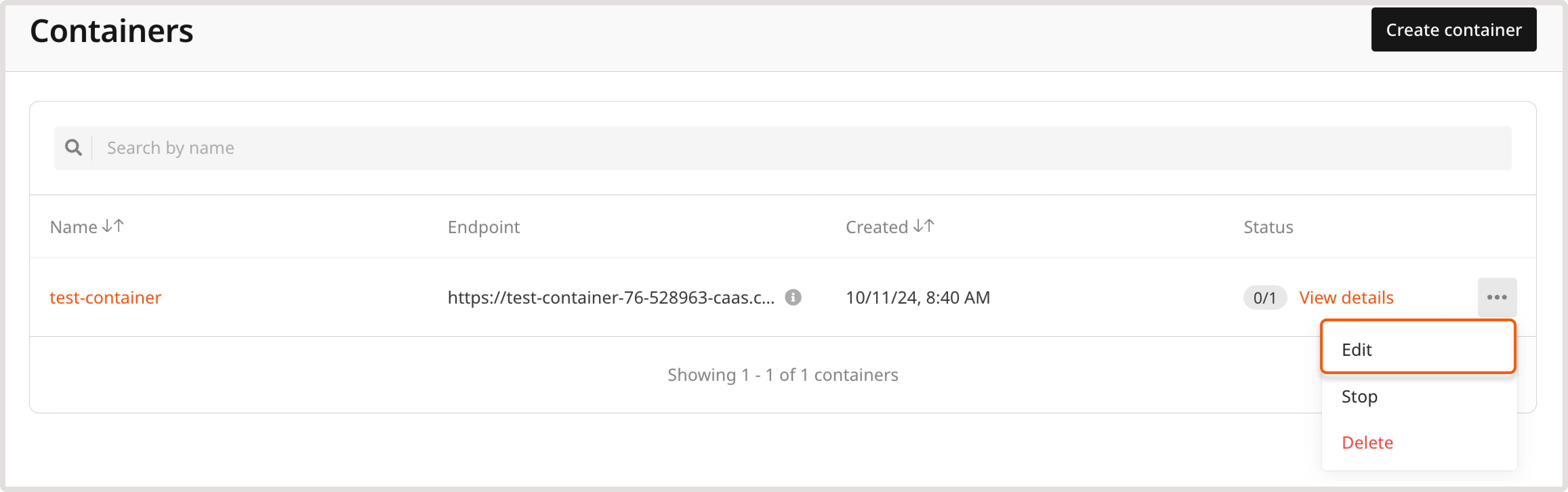 Edit container menu