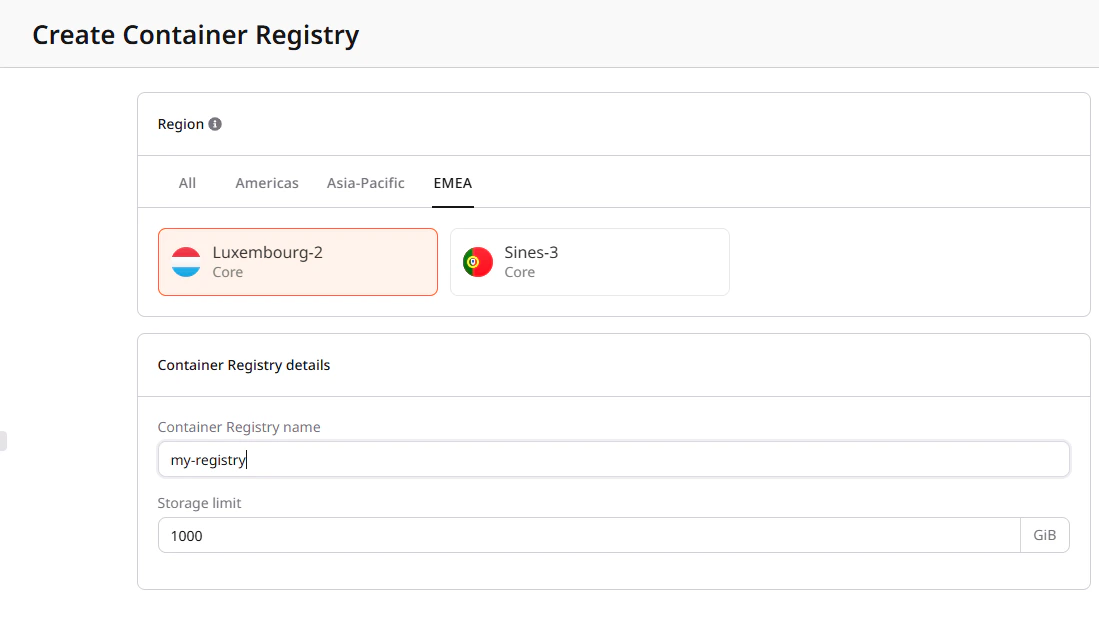 Create Container registry dialog in the Customer Portal
