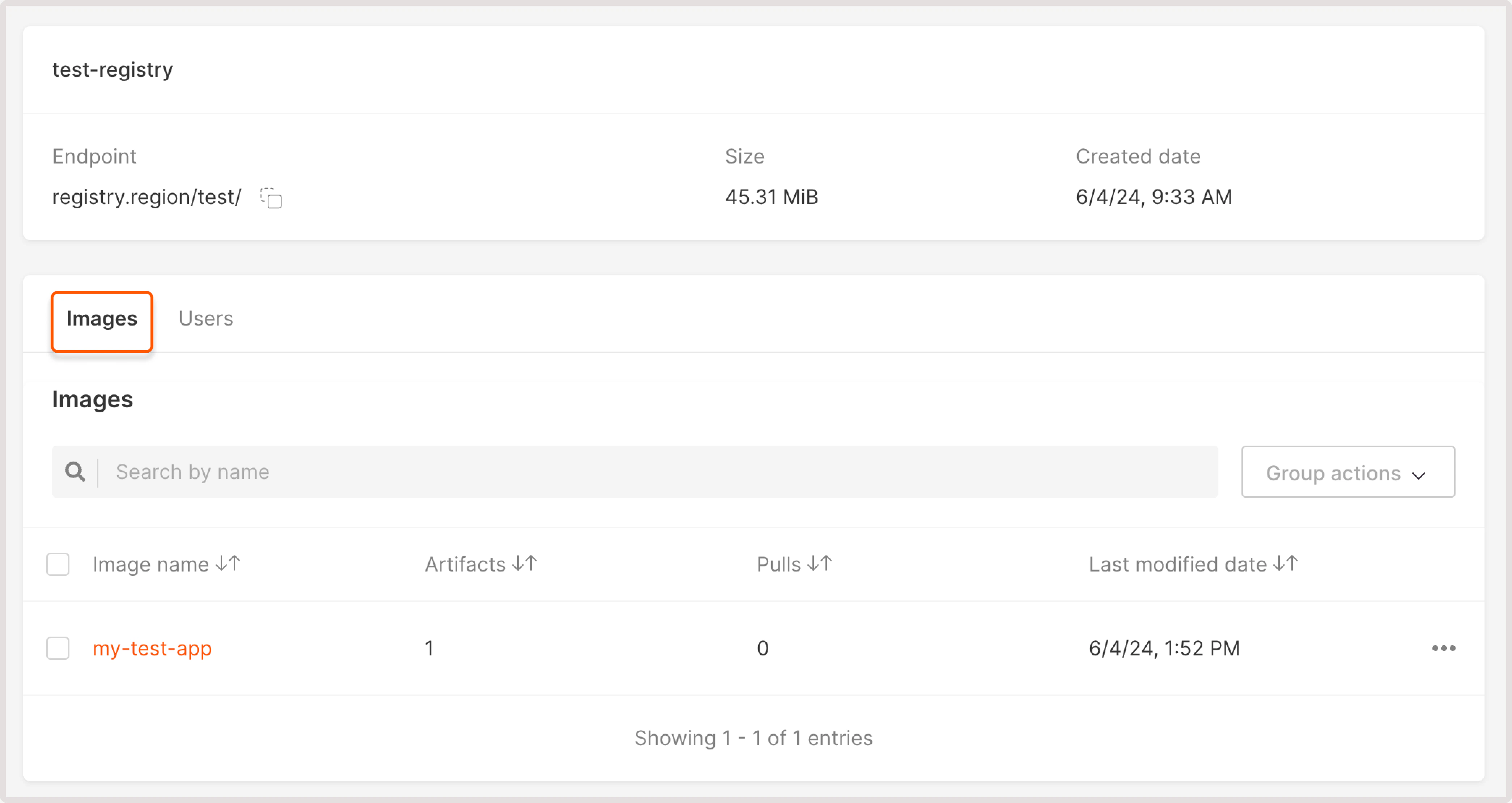 Registry overview page with highlighted images tab