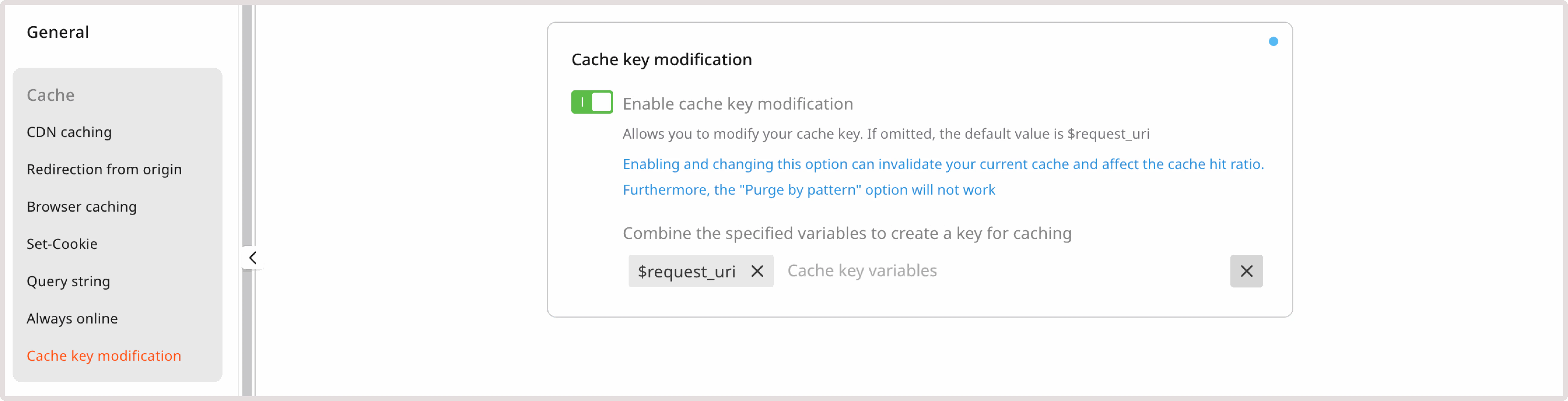Cache key modification settings