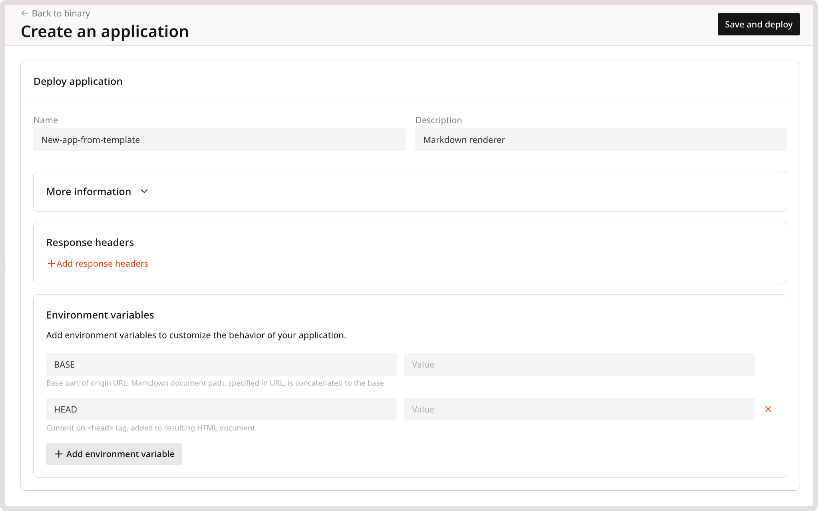 A page with a link to an app and its configuration