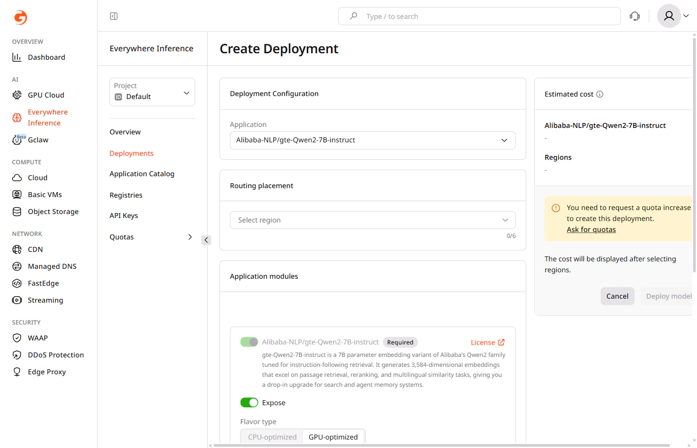 Create Deployment form — Deployment Configuration and Routing placement sections
