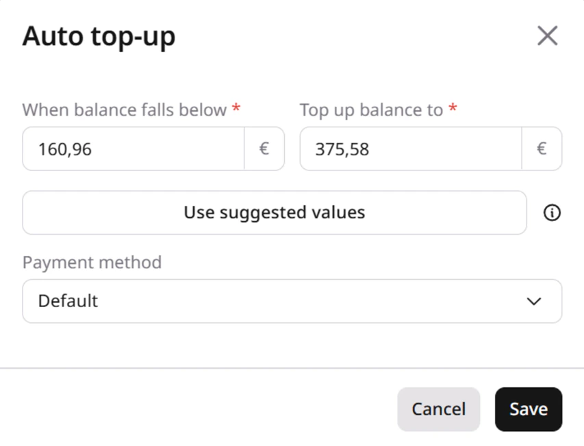 Auto top-up suggested values