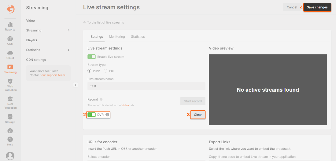 Live stream settings page