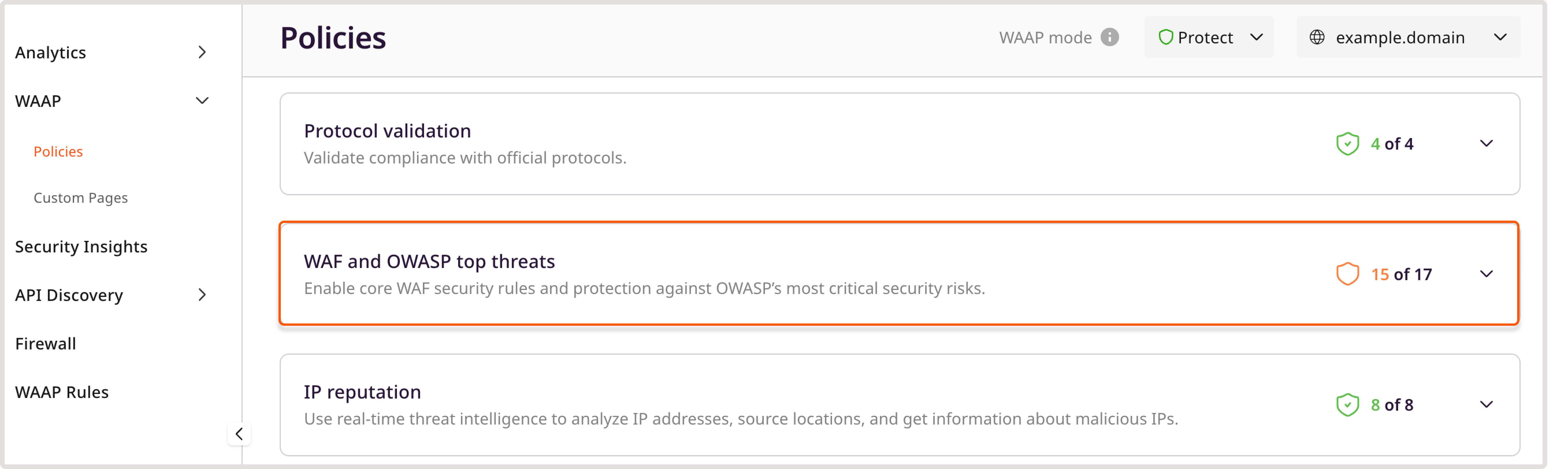 WAAP policies page with the highlighted IP reputation policy