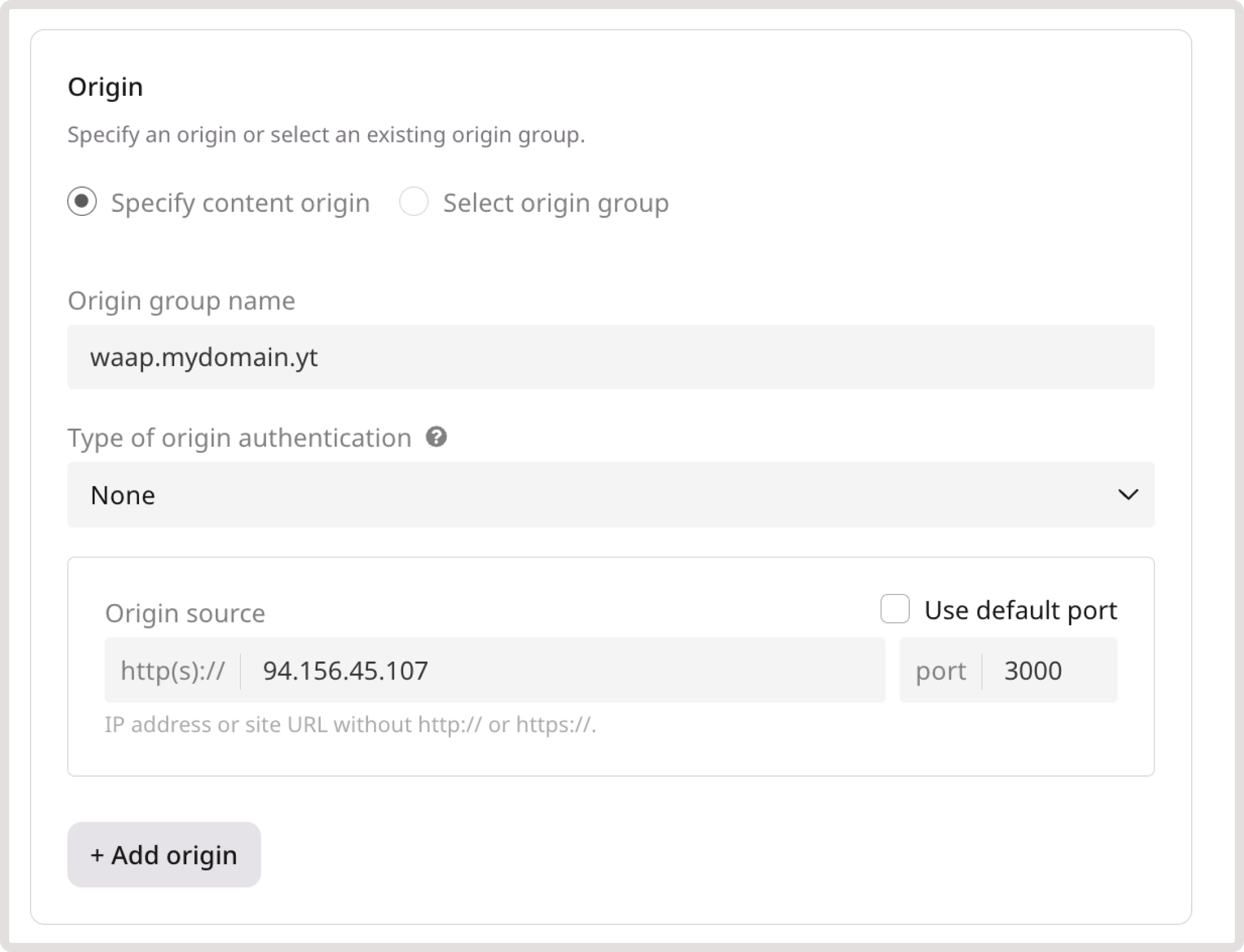 Example of origin configuration