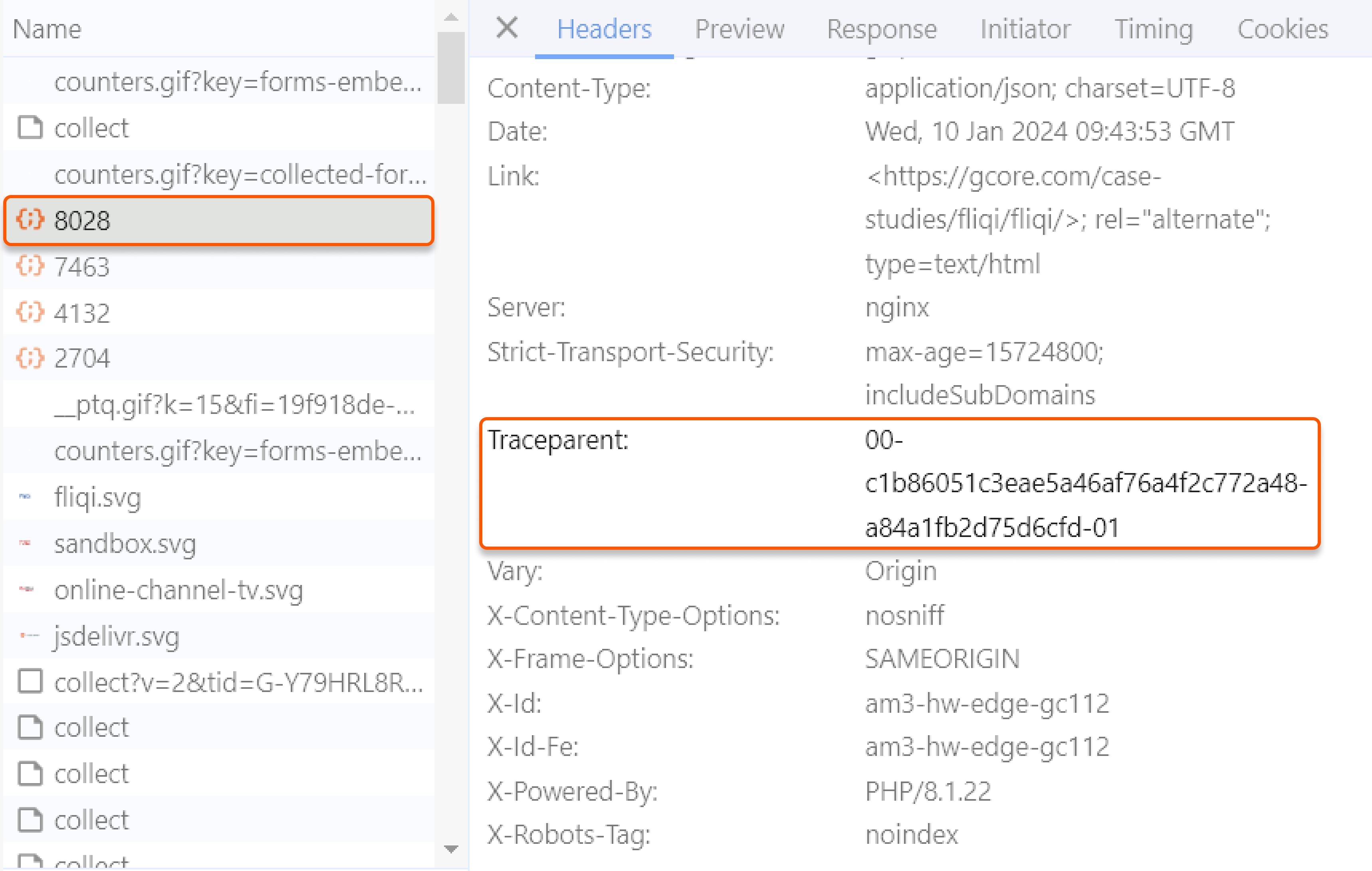 Where to view traceparent header in Google Chrome