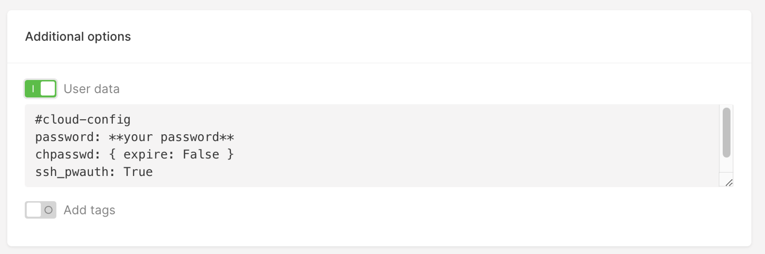 A menu with user data settings