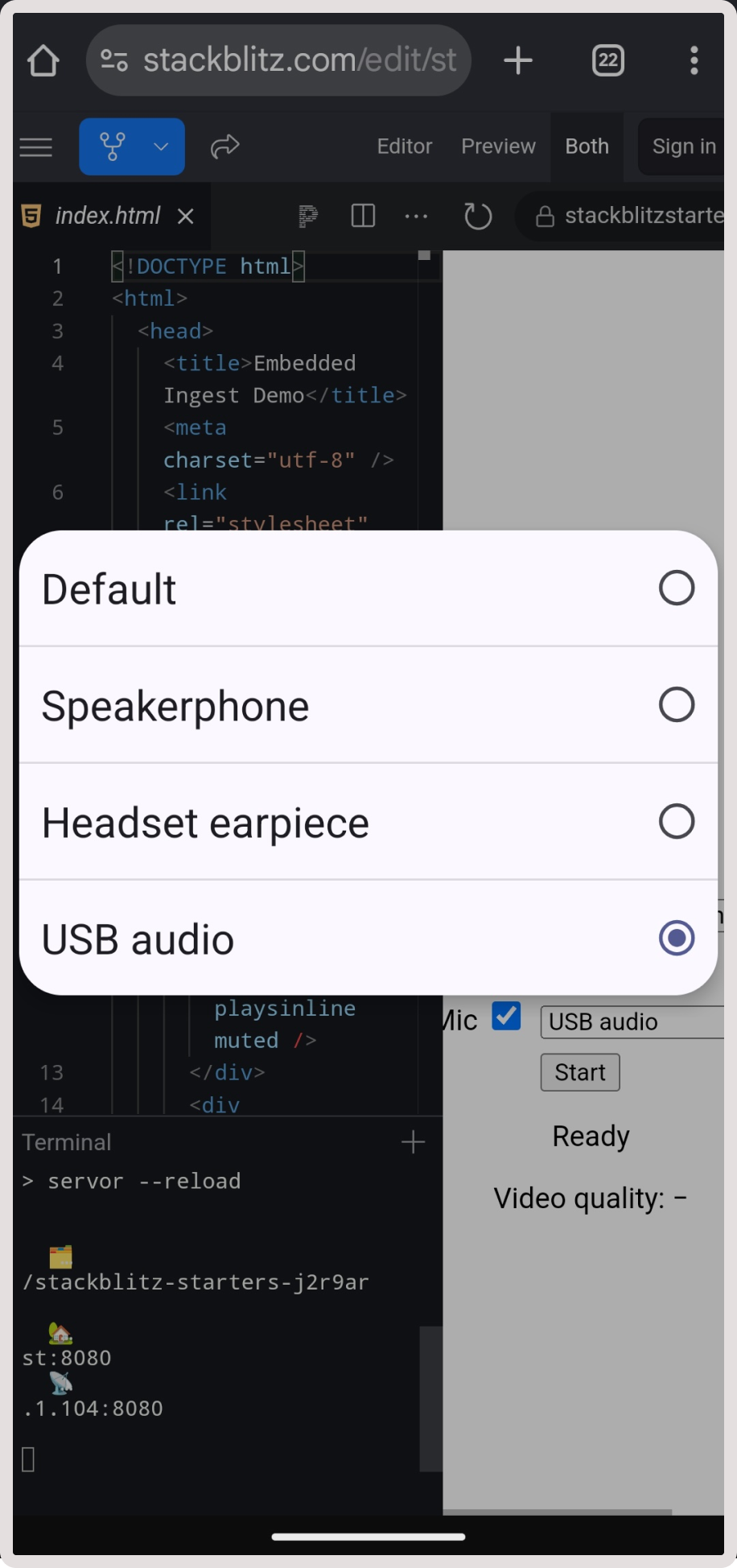 A list of available devices with USB audio selected