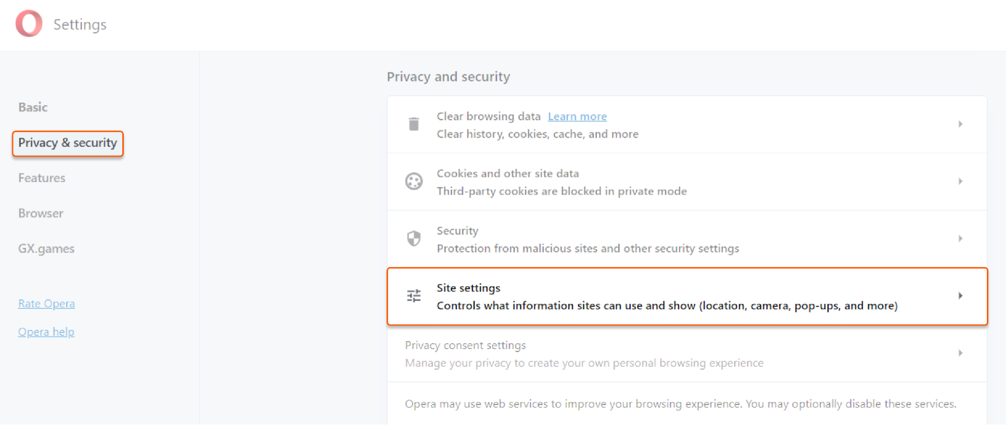 Opera browser settings