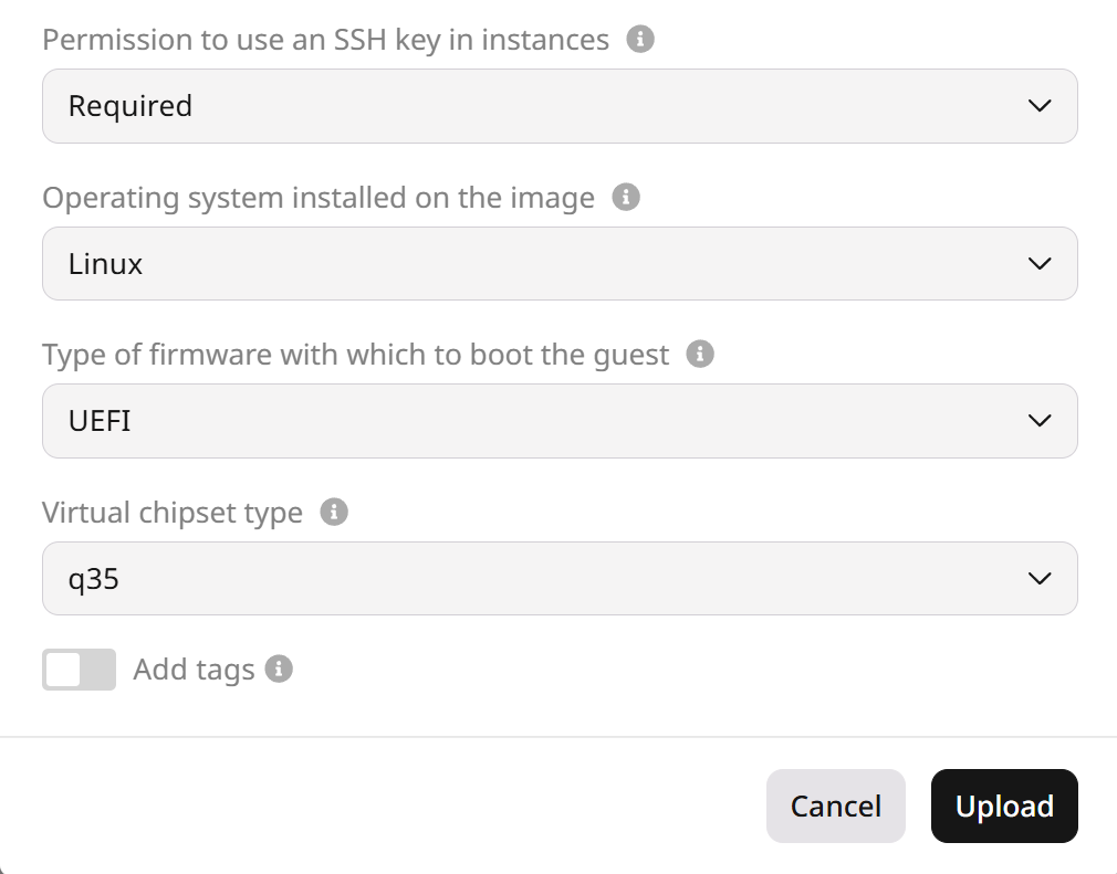 Click the Upload button to finalize image import