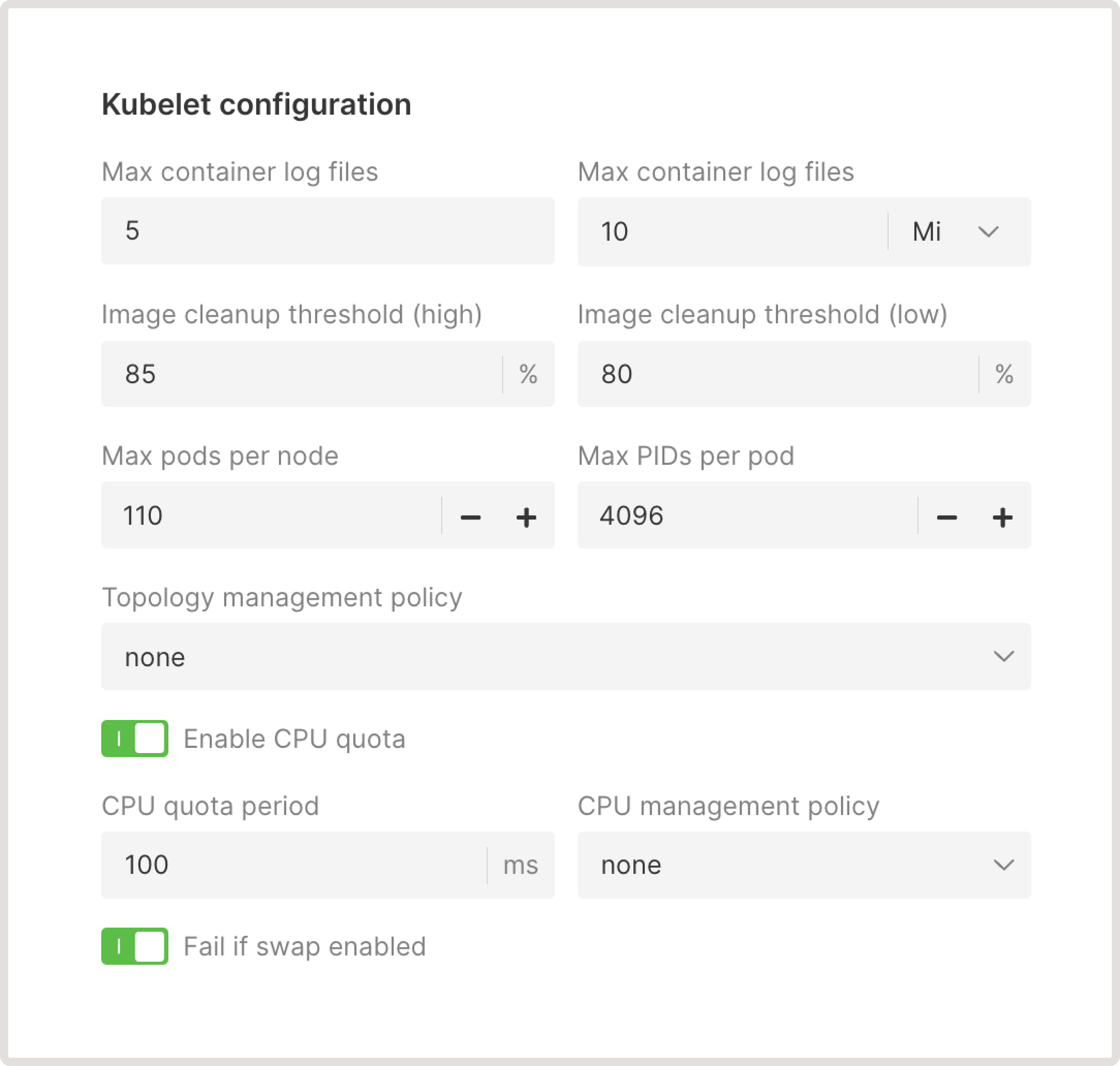 Kubelet configuration in the advanced settings for Kubrnetes cluster