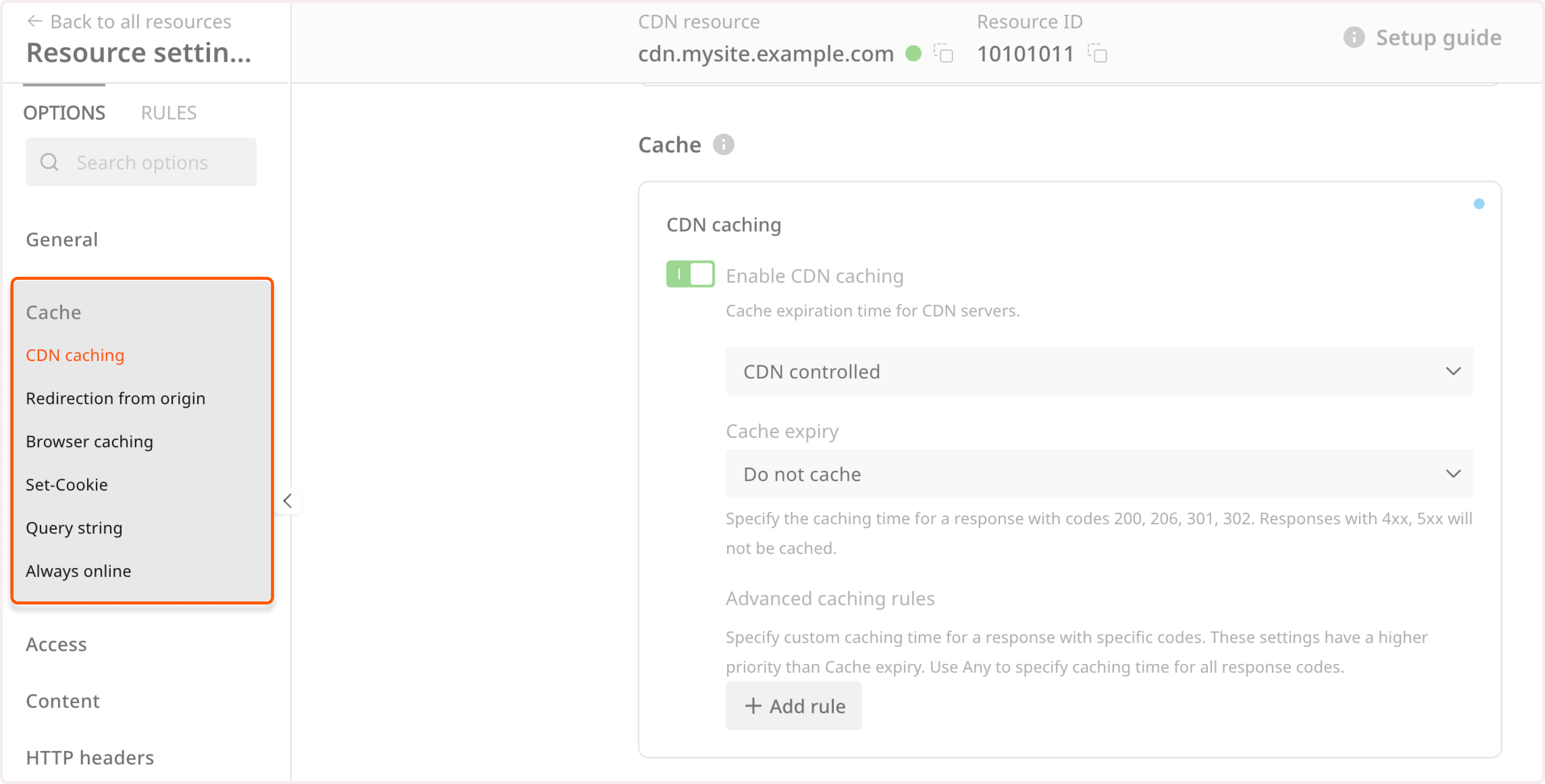 CDN cache settings