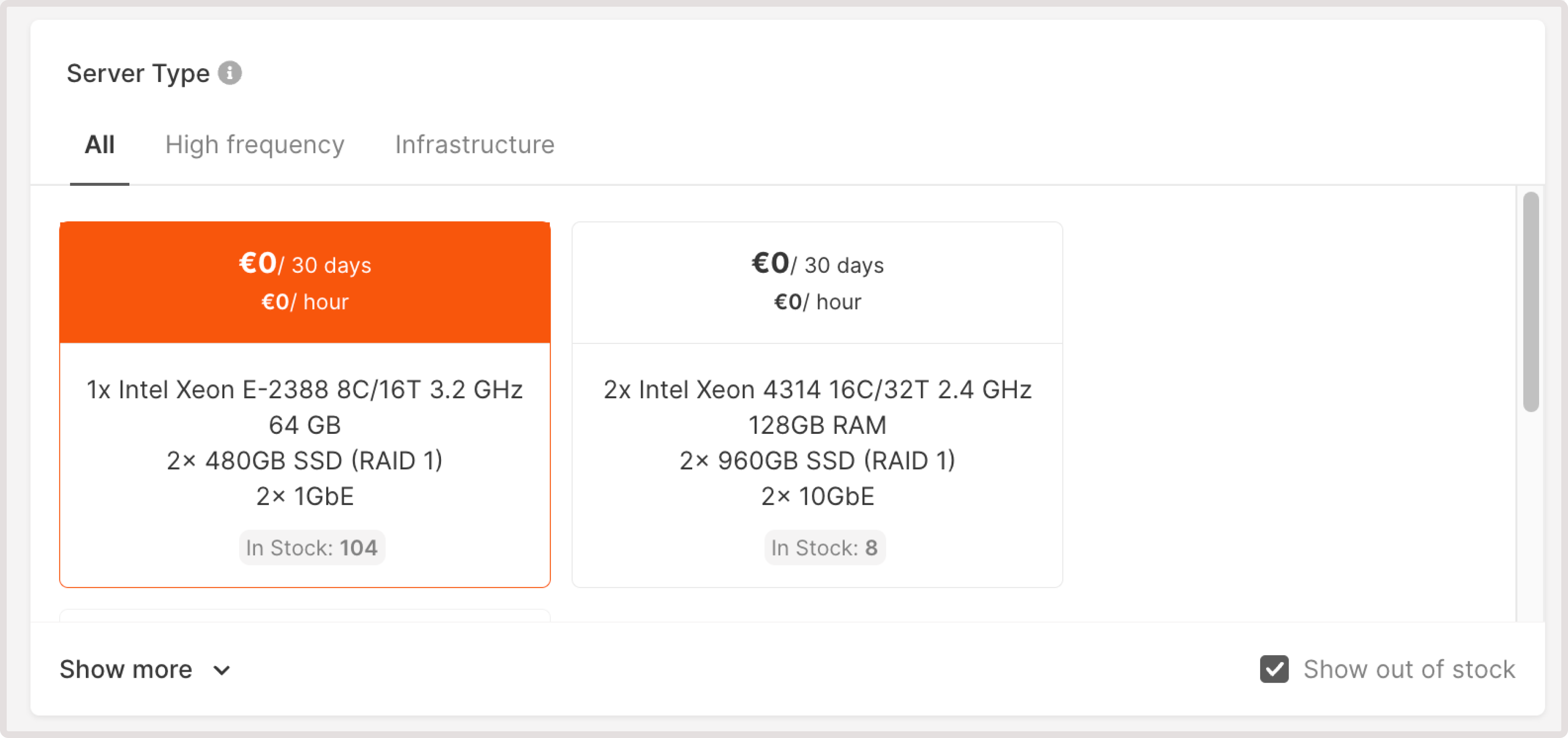 A menu with available server types
