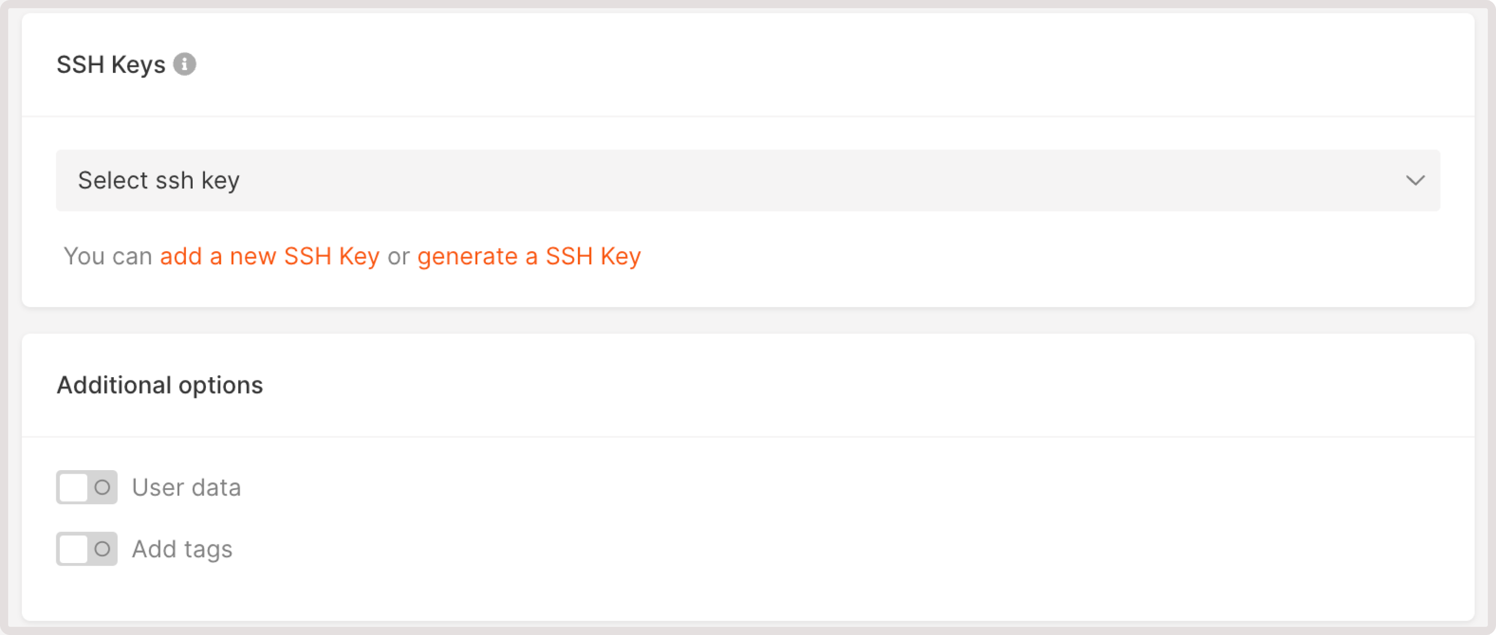 A menu with SSH keys settings settings