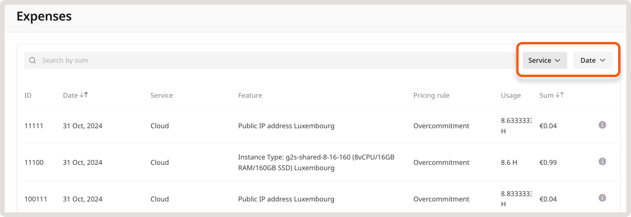 Expenses table with Service and Date dropdowns highlighted