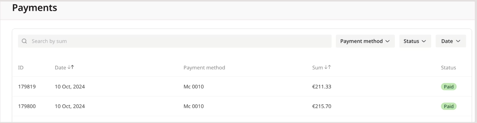 Payments page in the account settings