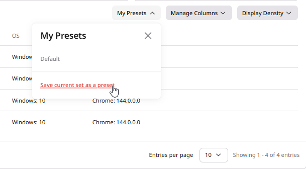 My Presets dropdown with Save current set as a preset option
