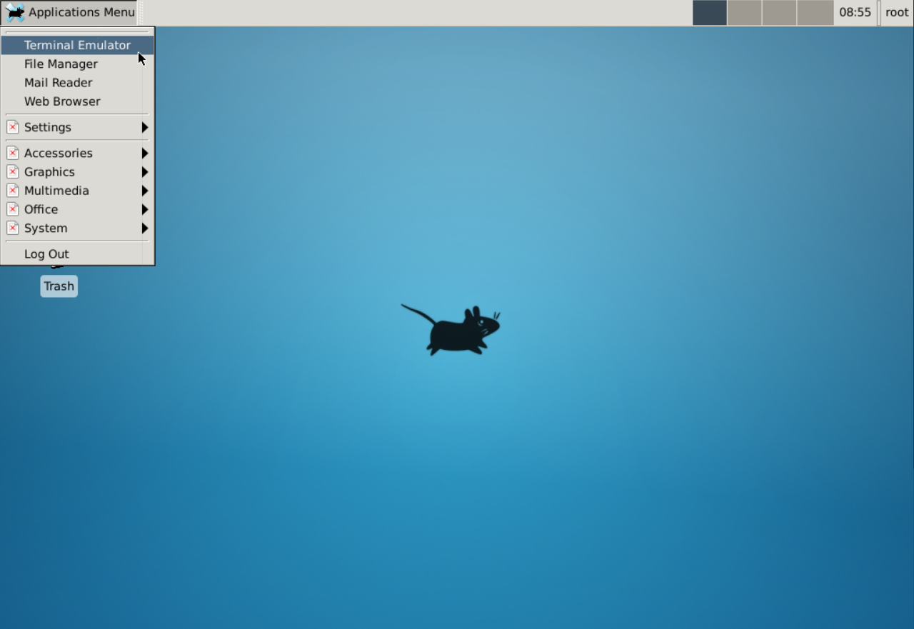Click on Applications in the upper-left corner and select Terminal Emulator