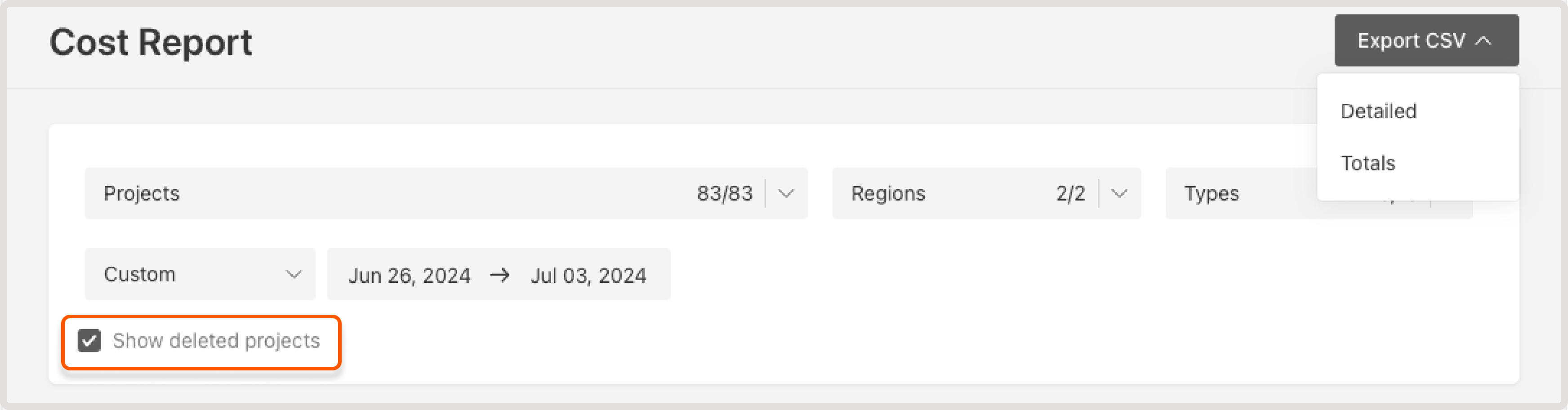 Show deleted projects checkbox