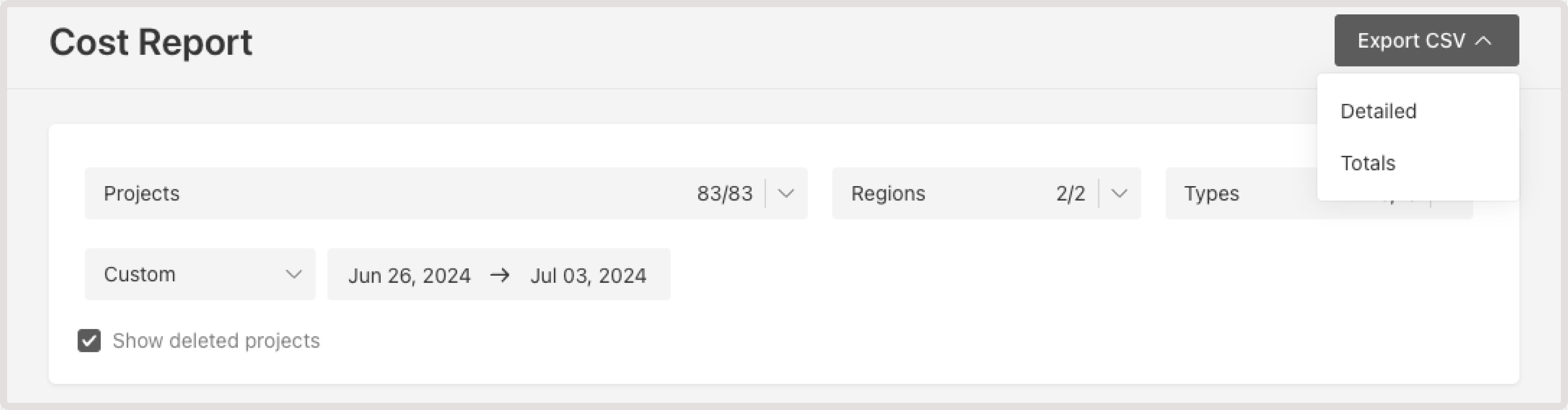 Export CSV dropdown with Detailed and Total options