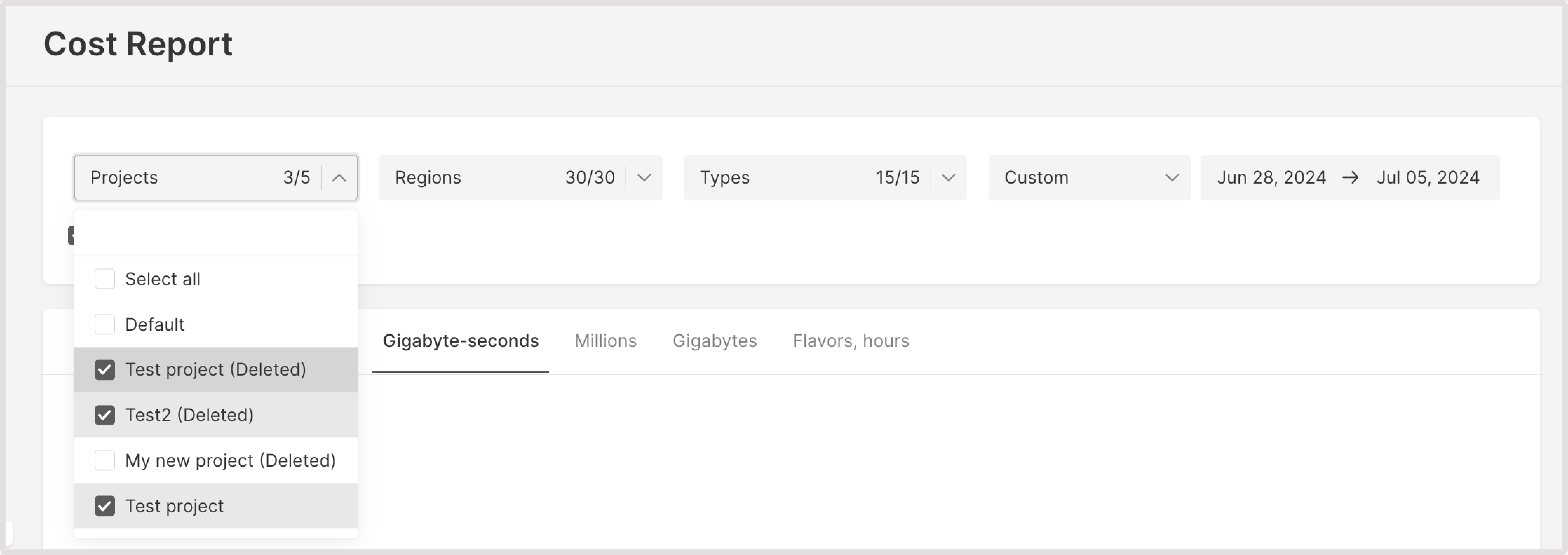 Projects dropdown expanded
