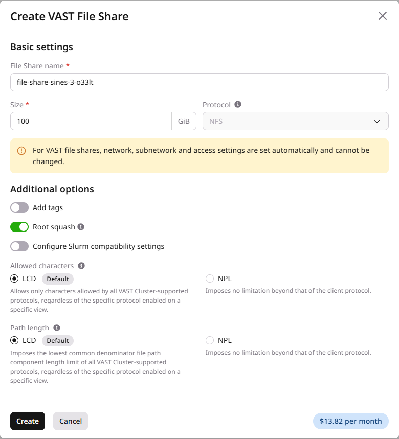 Create VAST File Share dialog with basic settings and additional options
