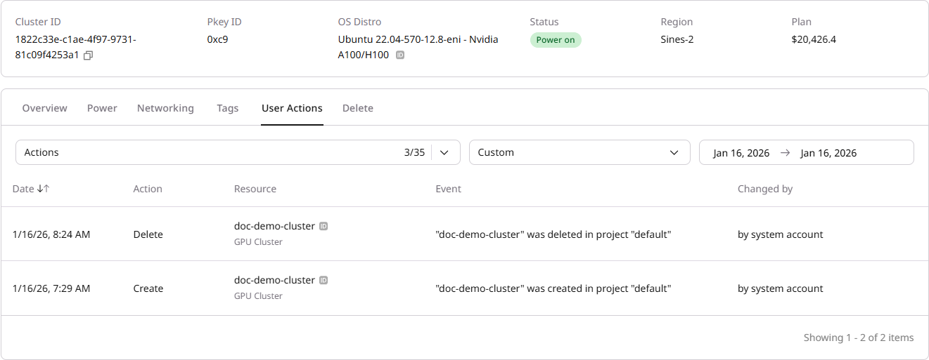 User Actions tab showing audit log of cluster operations