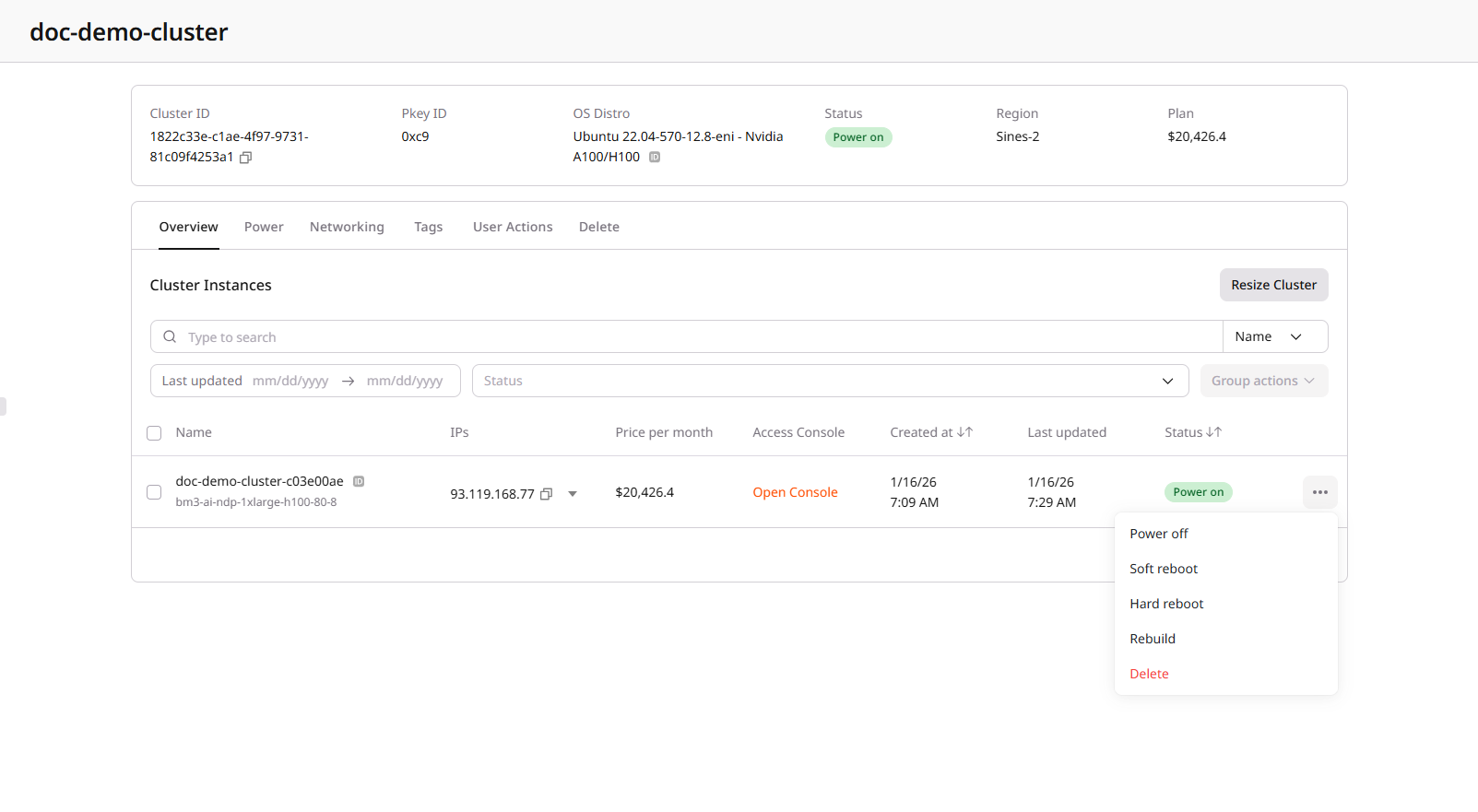 Node actions menu showing power and management options