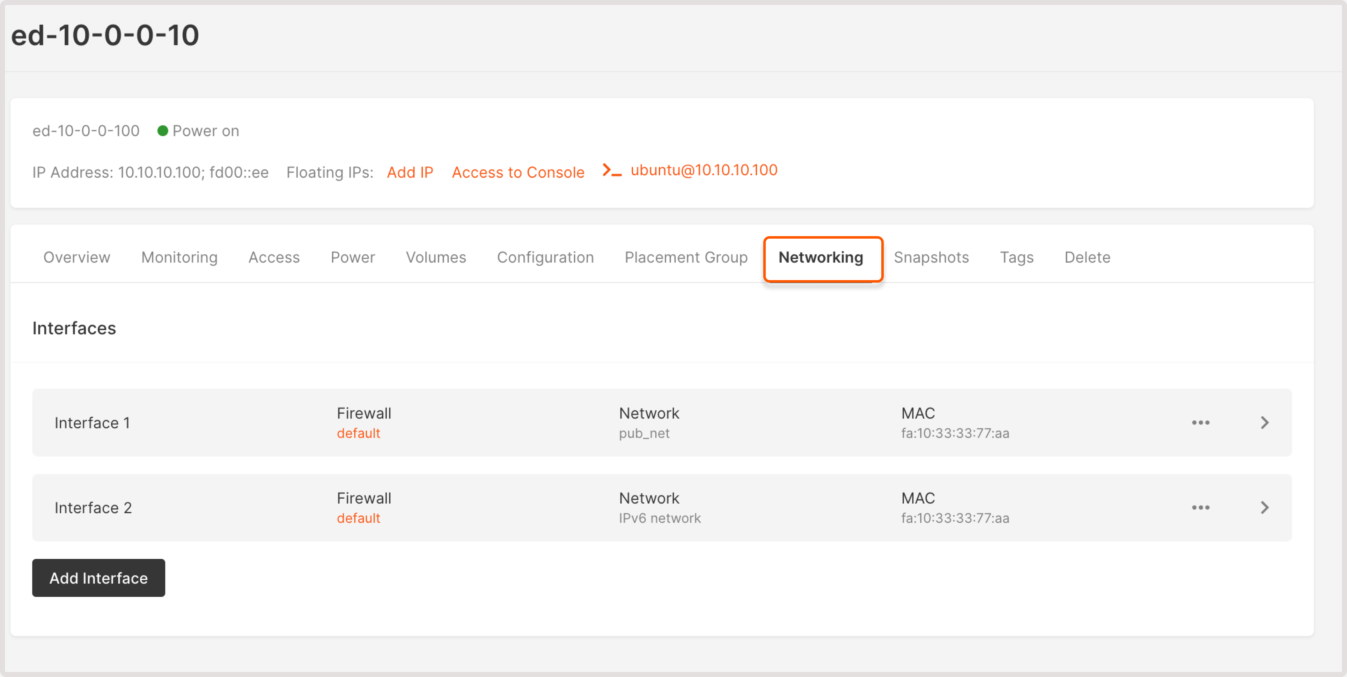 Networking tab in the VM settings
