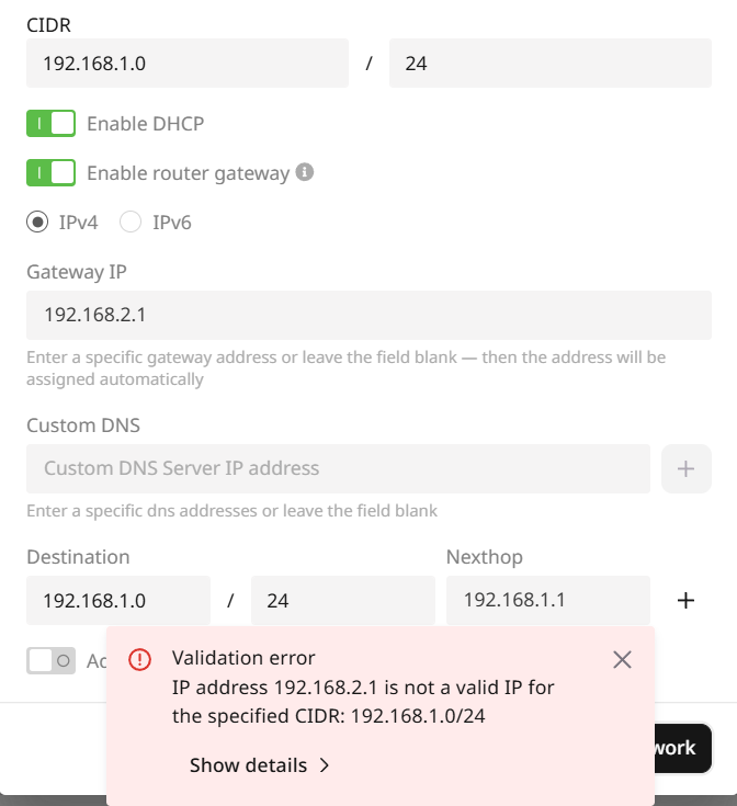 Gateway ip validation error