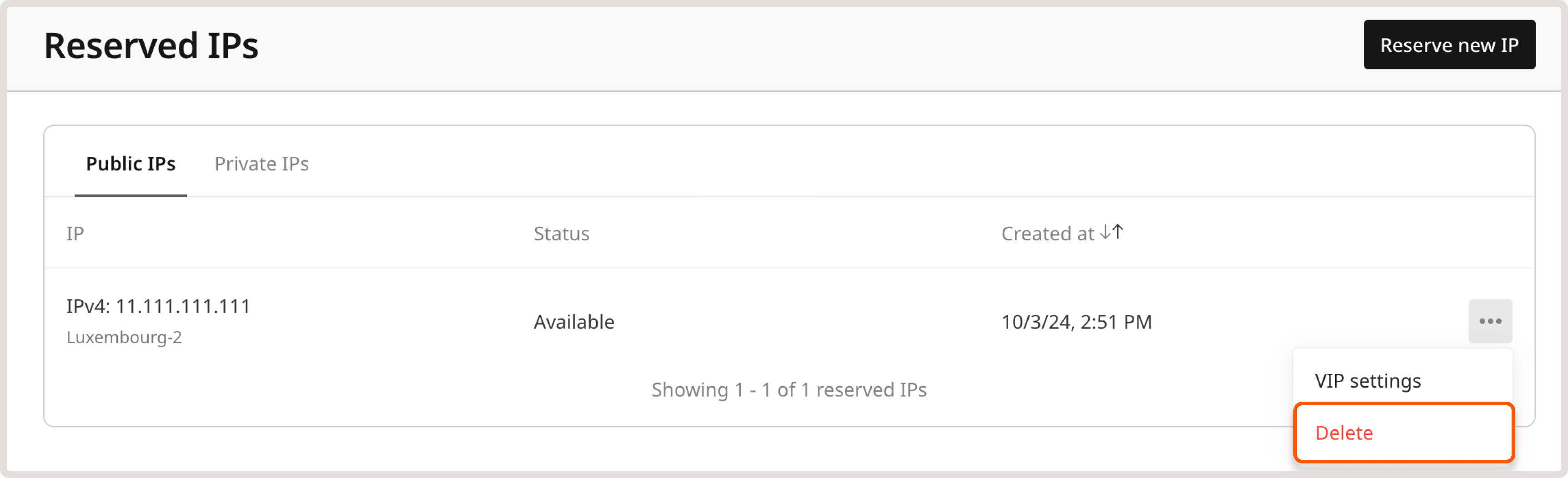 Delete a reserved IP button